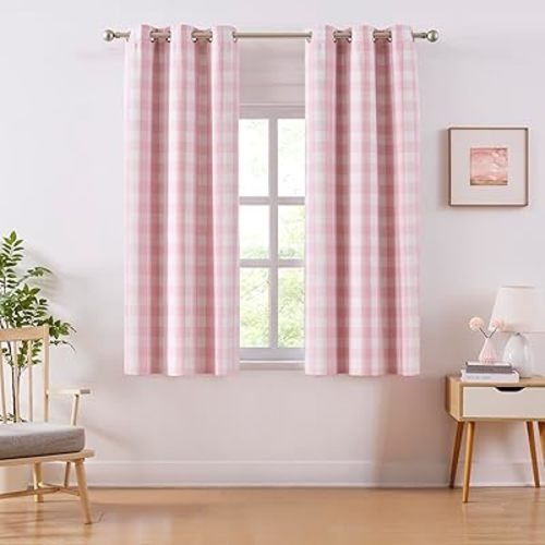 Amzdecor Short Buffalo Check Plaid Full Blackout Curtains 63 Inch Long for Girls Room Bedroom Noise Reducing Total Room Darkening Grommet Drapes,Farmhouse Window Treatment,2 Panels,40"x63",Pink&White