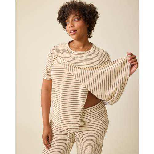 Luxe Terry Maternity & Nursing Split Hem T-shirt | Ivory & Chocolate Stripe – Kindred Bravely