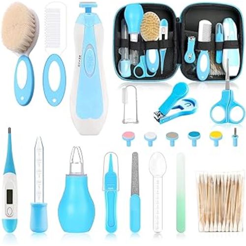 Baby Grooming Kit，Electric Safety Nail Trimmer Baby Nursery Kit，Infant Safety Care Set with Hair Brush Comb Nail Clipper Nasal Aspirator,Baby Essentials Kit for Newborn Girls Boys (21 PC-Blue Kit)