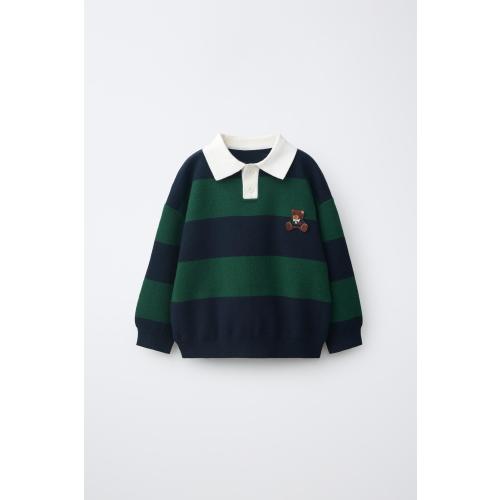 STRIPED KNIT POLO WITH BEAR PATCH - Green stripe | ZARA United States