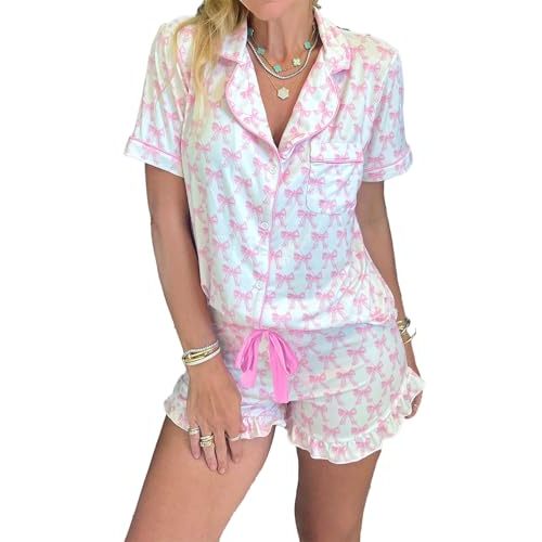KevaMolly Women’s Christmas Knotted PJ Set Short‑Sleeve Top Candy‑Cane Print Shorts