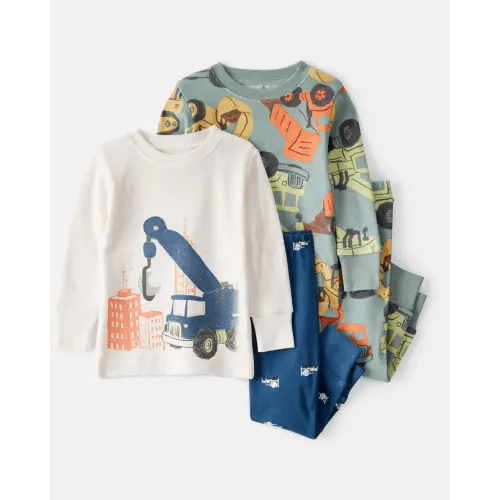 Baby Boy Construction Print 100% Cotton Long-Sleeve 4-Piece Pajamas - Blue/White/Navy | Carter's