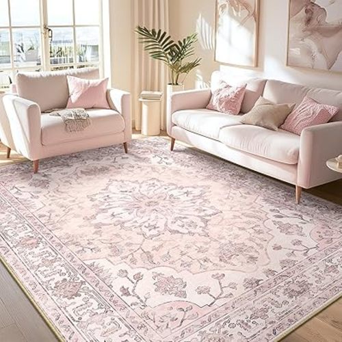 Area Rugs 6'x8' Washable Non-Slip, Floral Vintage Distress Print Pattern Medallion Carpet for Living Room Bedroom Dining Room, Pink Greypink Cute