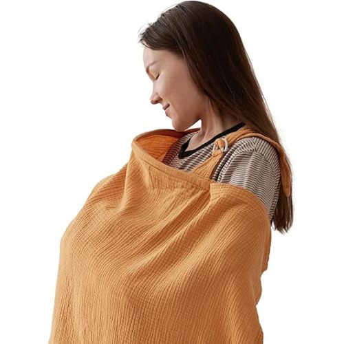 TILLYOU Muslin Nursing Cover for Baby Breastfeeding, 100% Cotton Breathable with Arch Neckline for Women, Orange