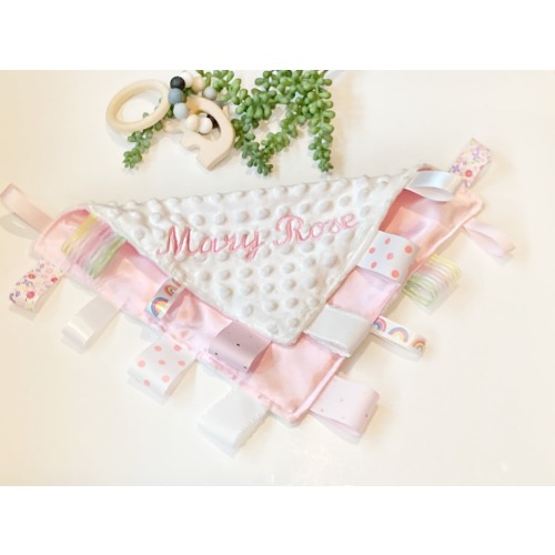 Satin and minky sensory Blanket lovey ~ ribbon tag ~ personalize sensory toy ~ baby shower gift ~ baby boy girl lovey - 12" - choose colors