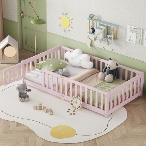 Bellemave Twin Floor Bed with Fence & Slats, Rubber Wood Montessori Floor Bed Frame with Full-Length Guardrails & Removable Door, Low Profile Montessori Bed Twin Size for Girls, Boys, Natural