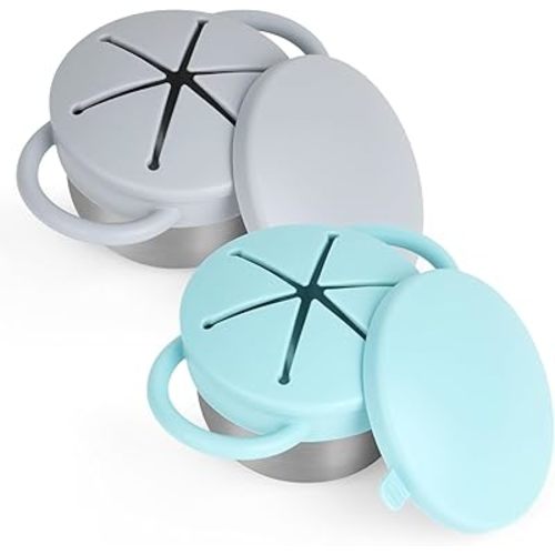 Daximo 2 Pack Snack Cups for Toddlers Spill Proof - Detachable Stainless Steel Toddler Snack Cups with Silicone Lids & Handles - Dishwasher Safe Baby Snack Containers (Light blue and Light grey)