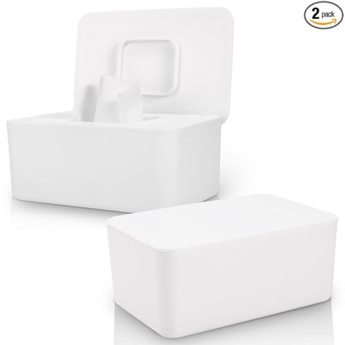 2 Pack LEQXGO Baby Wipes Dispenser, Wipes Dispenser Baby Wipes Case, Baby Wipe Holder for Fresh Wipes, Non-Slip Wipes Case, Wipe Container with Sealing Design Lid (White and White)