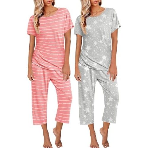 Ekouaer 2 Pack Womens Pajamas Sets Short Sleeve Tops and Capri Pants Pjs Colorful Printed Sleepwear Sets