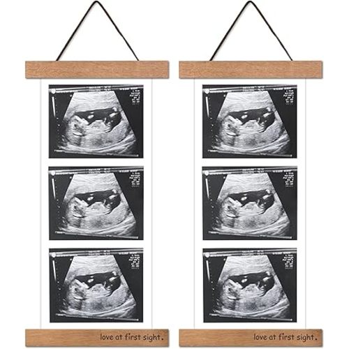 2 Pcs Sonogram Picture Frame, Wooden Magnetic Ultrasound Picture Frame for Refrigerator with Love at First Sight, for Baby Announcement, Birth Information, Baby shower, Expecting Parents and Grandparent to be Gifts