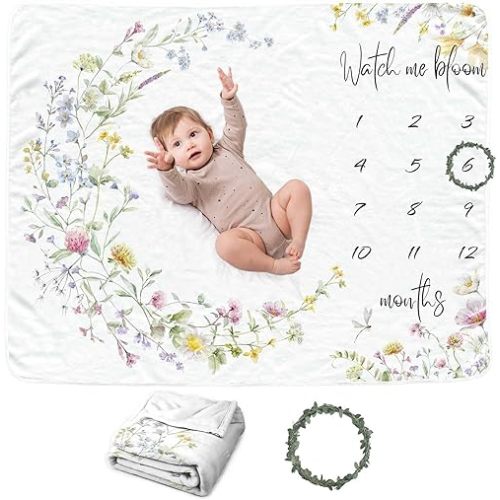 Wildflower Baby Monthly Blanket for Girls, Boho Floral Moon Nursery Decor, Babys First Year Photography Background, for New Moms