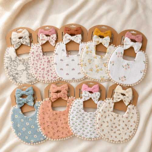 Baby Bib and Headband Set, Muslin Cotton Baby Bib, Floral Drool Bib, Newborn Girl Gift, Baby Shower Outfit, Pom Pom Bib for Kids from 0-4Y