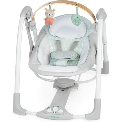 Ingenuity Cozy Spot Swing n Go Portable Swing - Removable and Rotatable Wood Toy Bar, 6-Speed, for Ages 0-9 Months, Up to 20 Pounds