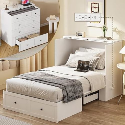 LIVAUVEAD Twin Size Murphy Bed with Charging Station & Drawer, White