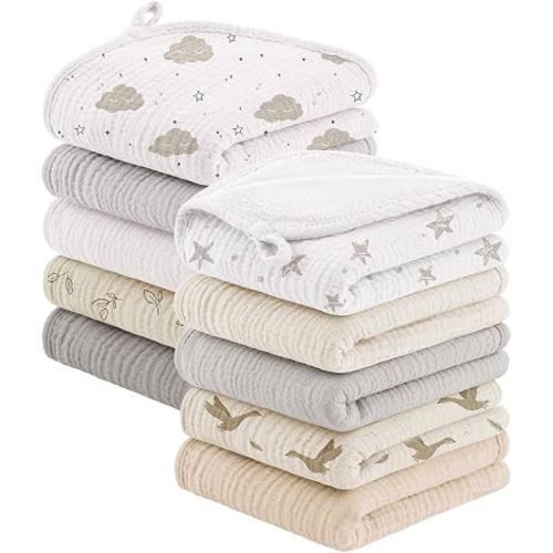 Bearmoss 10 Pack Muslin Burp Cloths, Soft Absorbent Baby Burping Cloths for Unisex Boys and Girls, Newborn Essentials Large Extra Washcloths, 20x10 inches