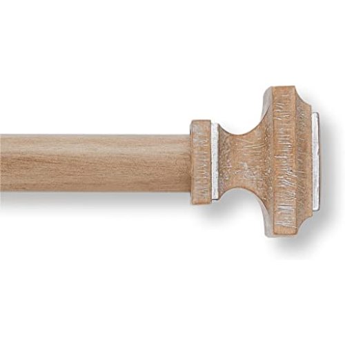 MODE Farmhouse Collection 1 1/8" Diameter Curtain Rod Set with Cottage Square Curtain Rod Finials and Steel Wall Mounted Adjustable Curtain Rod, Fits 72” to 144” Windows, Weathered Oak