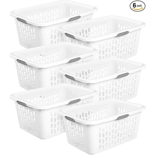 Sterilite Laundry Basket, Plastic Clothes Hamper, Large Rectangle Bin with Comfort Grip Handles and Reinforced Rim, 2 Bushel Capacity, White, 6 Pack