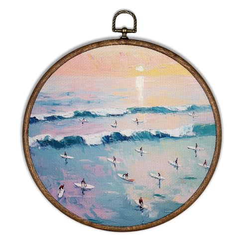 XBBMGG Summer Beachy Surf Wall Art Decor - Pink Coastal Surfboard Round Wall Hanging Decor, Blue Ocean Cowgirl Surfer Beach Framed Canvas Prints for Teen Girls Dorm Living Room Decorations, 10x10