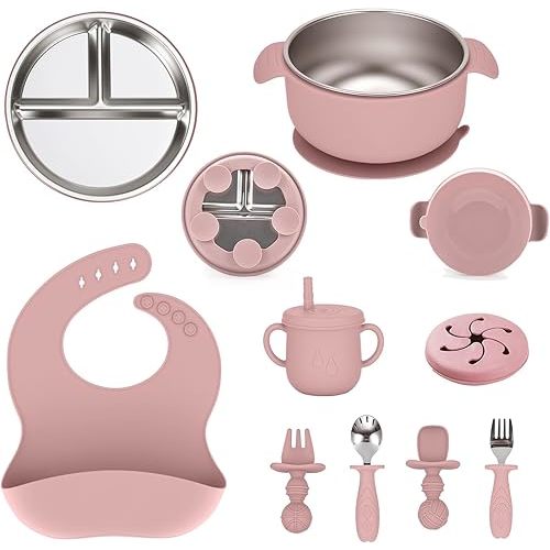 Stainless Steel Baby Plates and Bowls Set with Removable Easy Clean Silicone Suction Baby Feeding Set with Toddler Stainless Steel Spoon Kids Fork and Silicone Cup Bib Toddler Cutlery(Pink