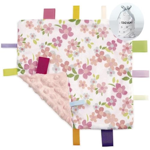 CREVENT Tag Security Blankets for Babies, Soft Small Loveys for Girls, Baby Comforter Sensory Blanket, Great Gifts for Birthday Baby Shower 10"X10" (Wildflow)