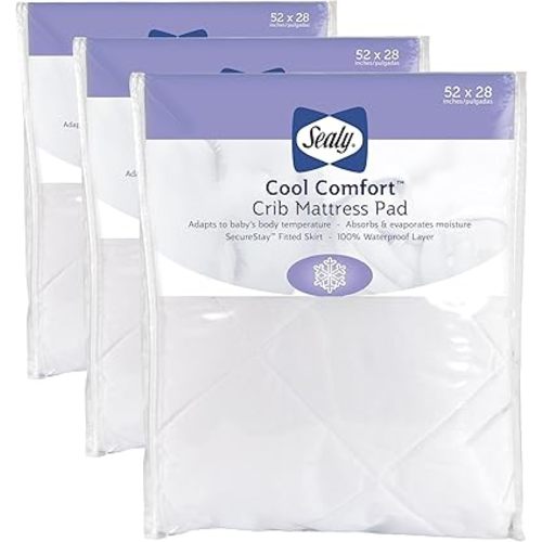 Sealy Baby Cool Comfort Cooling Breathable Waterproof Crib Mattress Protector Pad, Toddler Bed Cover, Machine Washable and Dryer Friendly, 52x28”- White (Pack of 3)