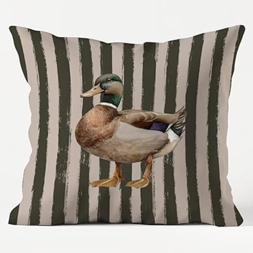 Mallard Duck Pillow Cover 18x18 Double-Sided, Mallard Duck Nursery Decor, Rustic Farmhouse Wildlife Striped Decorative Throw Pillow Cover for Kids Room Home Nursery