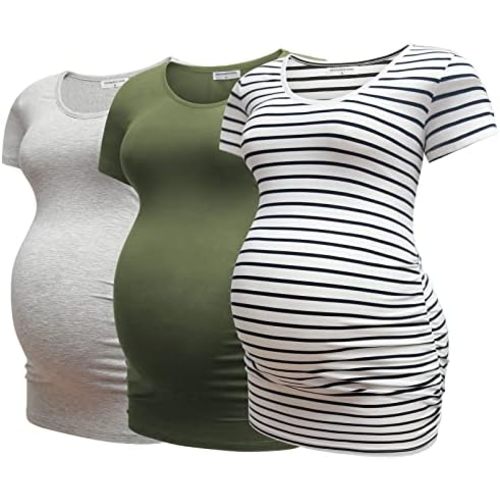 Bearsland Womens Maternity Tshirt 3 Packs Classic Side Ruched Tee Top Mama Pregnancy Clothes