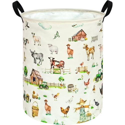 Collapsible Kids Laundry Basket Clothes Hamper, Foldable Storage Organizer Bin, Toy Clothes Storage with Handles for Boys Girls Bedroom, Room Decor Farm