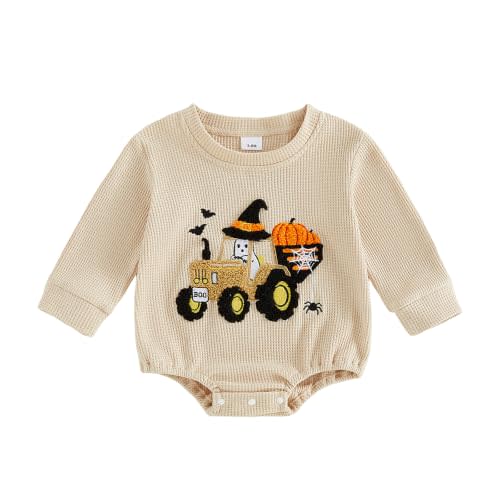 Infant Baby Halloween Outfits Waffle Knit Ghost Pumpkin Truck Bubble Romper | Newborn Baby Boy Halloween Tractor Outfits Fuzzy Excavator Romper Jumpsuit Cute Waffle Fall Winter Clothes 6 12 18 Months