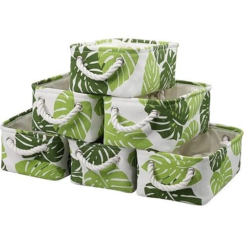Storage Cubes, Storage Bins Baskets for Organizing 6 Pack for Organizing Toys, Clothes, Closet Baskets with Rope Handles for Nursery Home(White and Green,12"L×8"W×5"H)