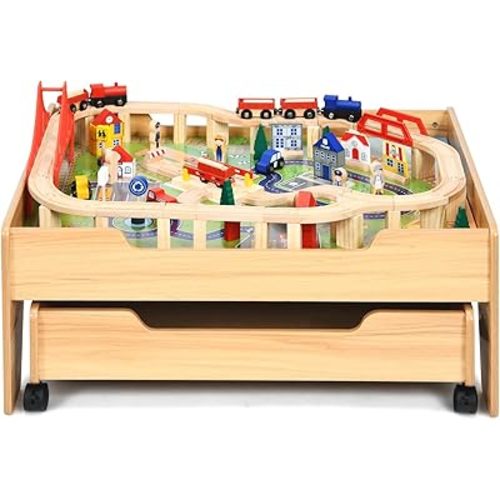 OLAKIDS Train Table, 100 Pieces Kids Wooden Activity Table Playset with Storage Drawer Multicolor Railway Tracks Cars City, Creative Toy Set Gift for Toddlers Boys Girls