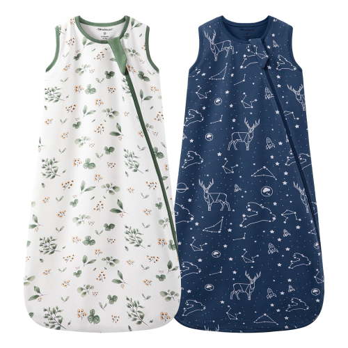 2Pcs Mosebears 0.5 Tog Baby Sleeping Bag - Cotton Summer Sleep Sack for Newborns, Boys & Girls(Plant&Blue,S(0-6 Months))