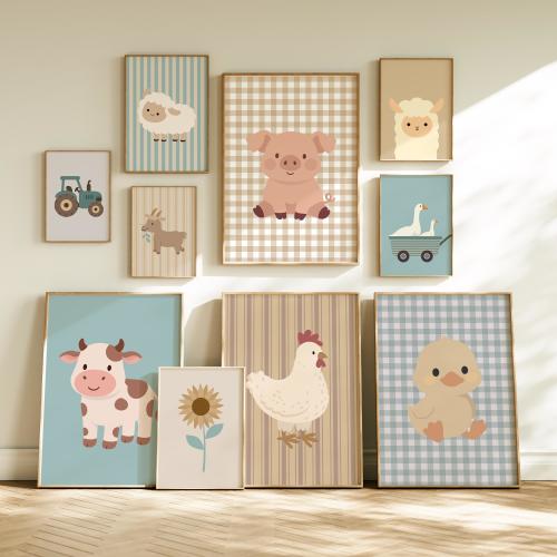 Farm Animal Prints, Blue Nursery Cottagecore Decor, Farmhouse Kids Wall Art (Digital Download)