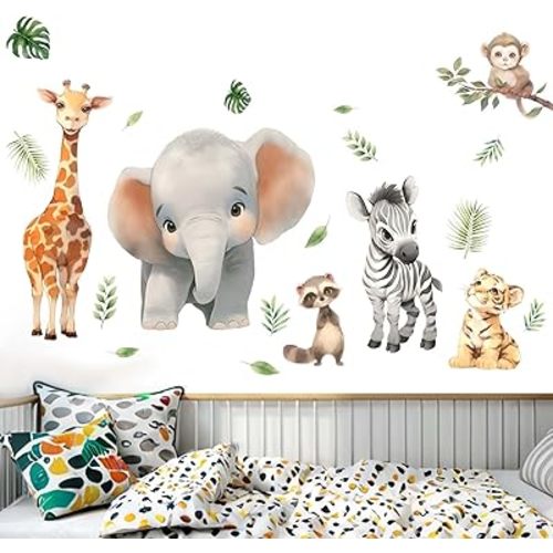 Forest Baby Animals Wall Decals - Elephant Lion Giraffe Monkey Wall Stickers - Nursery Kids Girls Boys Room Daycare Playroom Classroom Wall Decor