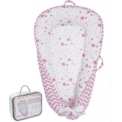 Baby Lounger | Organic Cotton Infant Lounger | Reversible, Adjustable & Portable Floor Lounger | Supervised Use | Soft, Breathable, Washable Cover - Star Collection (Pink)