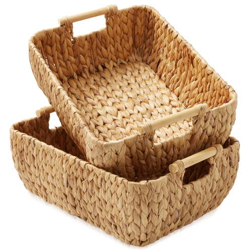 Casafield (Set of 2) Water Hyacinth Oval Storage Baskets with Wooden Handles - Large Woven Bin Organizers