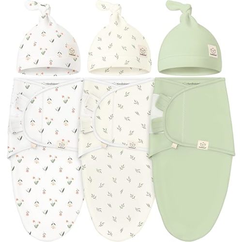KeaBabies 3-Pack Swaddles for Newborns, Girls, Boys with Hats - Organic Soft Baby Sleep Sacks, Breathable Baby Swaddle 3-6 Months Beanies Set, Premie Infant Sleep Sack 0-3 Months (Fleur)