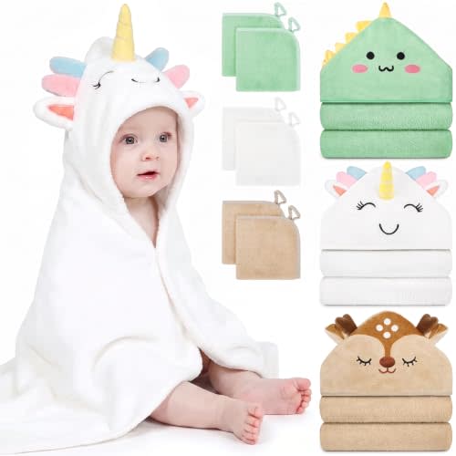 9 PCS Baby Bath Towels for Newborn Essentials (Dinosaur, Unicorn, Bear) | 3 PCS Animal Hooded Baby Towels, 6 PCS Washcloths Set, Ultra Absorbent Soft, Cute Infant Essentials, Gift for Boys & Girls