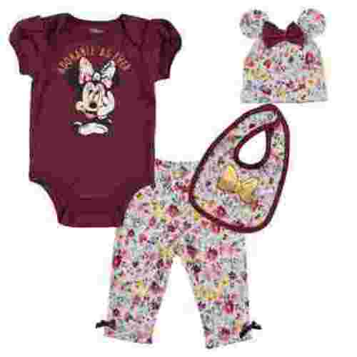 Disney Minnie Mouse Newborn Baby Girls Bodysuit Pants Bib and Hat 4 Piece Outfit Set Newborn to Infant