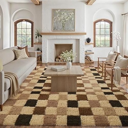 8x10 Checkered Area Rug Brown Fluffy Shag Living Room Throw Carpet Washable Non-Slip Soft Pile Fuzzy Large Rug for Bedroom Dorm Bathroom Dining Room Home Aesthetic Decor