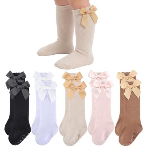 Baby Knee High Socks Girls Newborn Infants Toddlers Cotton Bow Ruffle Long Socks Non Slip Stockings Dress Socks