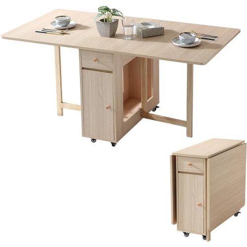Extendable Drop Leaf Folding Dining Table with 2 Drawers and 4 Wheels for Living Room Kitchen Farmhouse Space Saving Table in Wood Color