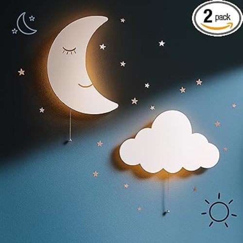 Tip perk 2 Pack Cloud & Moon Lights - Floating Cloud & Moon Wall Lamps for Nursery | Cute Floating Lamps for Kids Bedroom | Battery-Operated Hanging Night Lights for Bedroom/Baby Nursery