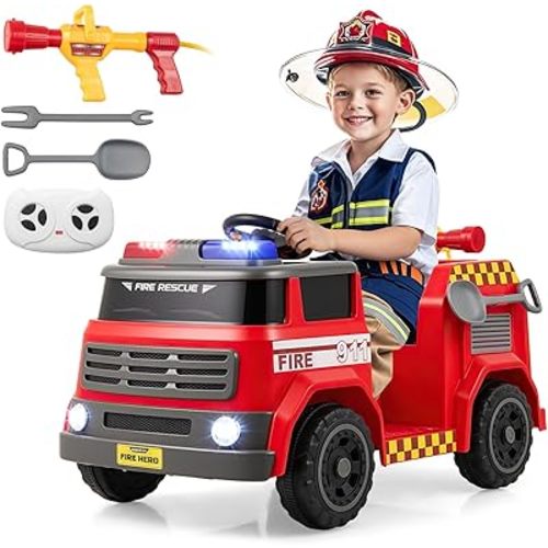 Costzon Kids Ride on Fire Truck, 12V Battery Powered Fire Car Toy w/Water Gun & Tank, Remote Control, Interphone, Shovel, Wrench, Music, Alarm Lamp & Siren-Call, Electric Vehicle Gift for 37-95 Months