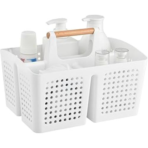 Portable Shower Caddy Basket with Compartments, Plastic Divided Cleaning Caddy Organizer Storage Tote with Handle for Bathroom, College, Dorm Room Essentials, White
