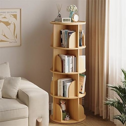 Rotating Bookshelf 360 Degrees，4 Tier Round Spinning Bookcase, Wood Book Shelf Tower for kids, Adults, Narrow Rolling Corner Bookshelf for Small Spaces, Bedroom, Classroom, Kids room, Natural