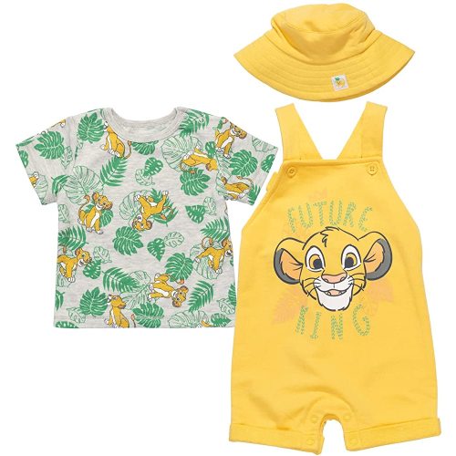 Disney Baby French Terry Short Overalls, T-Shirt and Hat 3 Piece Outfit Set Newborn to Infant Sizes (0-24 Months)