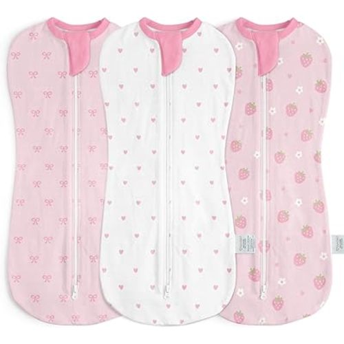 Baby Swaddle 0-2 Months, Cotton Arm-In Zipper Sleep Sack, Wearable Blankets Wrap for Newborn Infant Girls (Bow, Heart, Strawberry, Pack of 3)