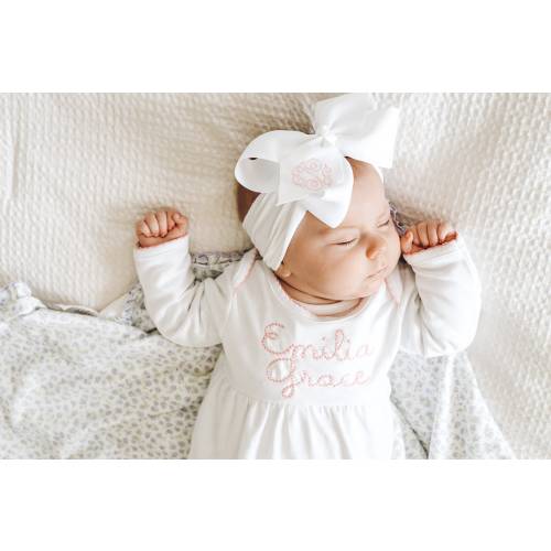 Monogrammed Newborn gown - Coming Home Outfit - Pima Cotton - Baby Gown - Monogram Set - Headband - Bow