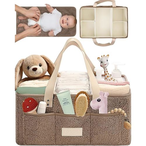Baby Diaper Caddy Organizer with Portable Changing Mat - Teddy Fleece Diaper Organizer for Changing Table - Basket for Changing Essentials - Baby Essentials Organizer with Removable Dividers